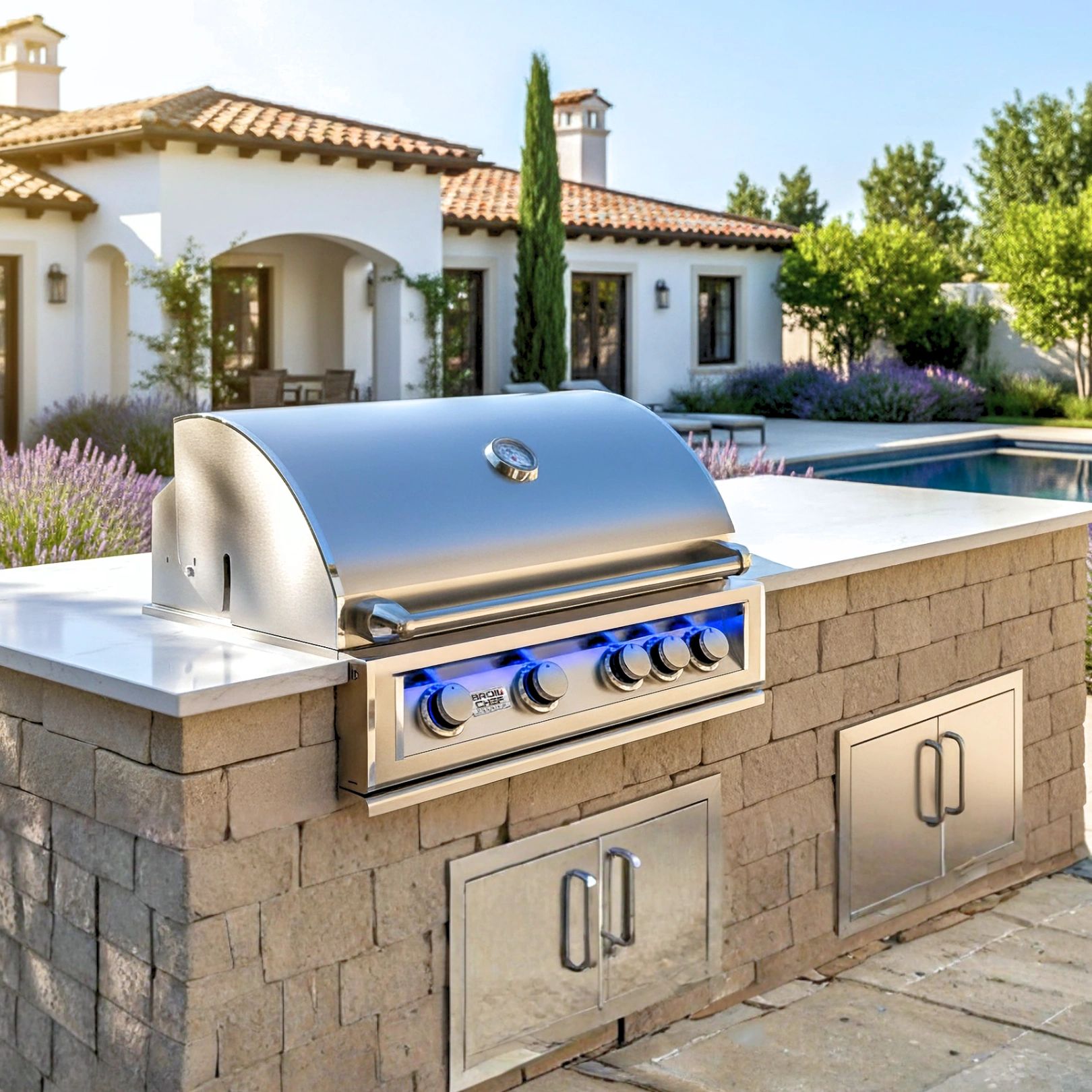 BroilChef built-in stainless steel grill in a stone outdoor kitchen