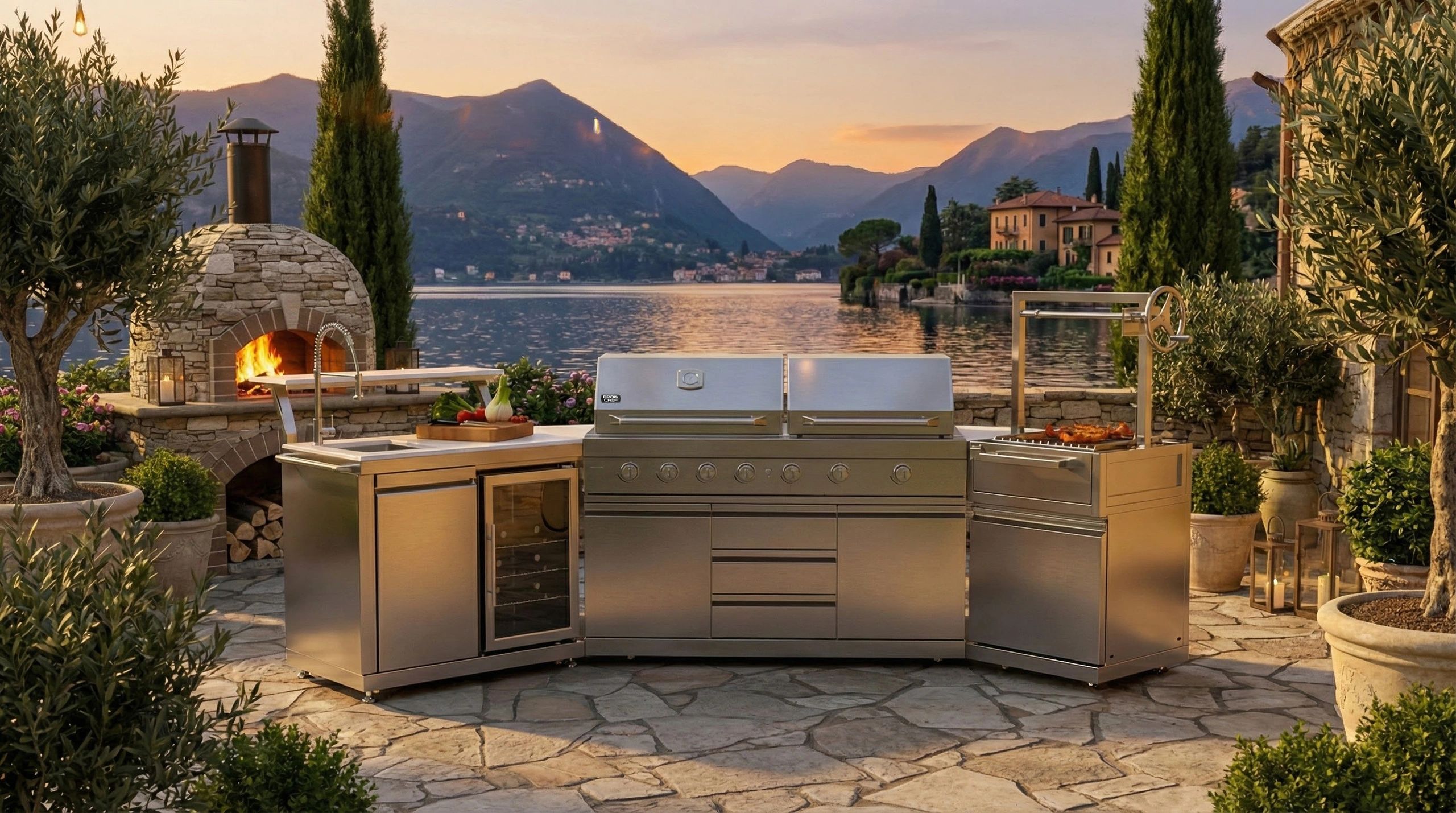 BroilChef stainless steel outdoor kitchen overlooking a lake at sunset