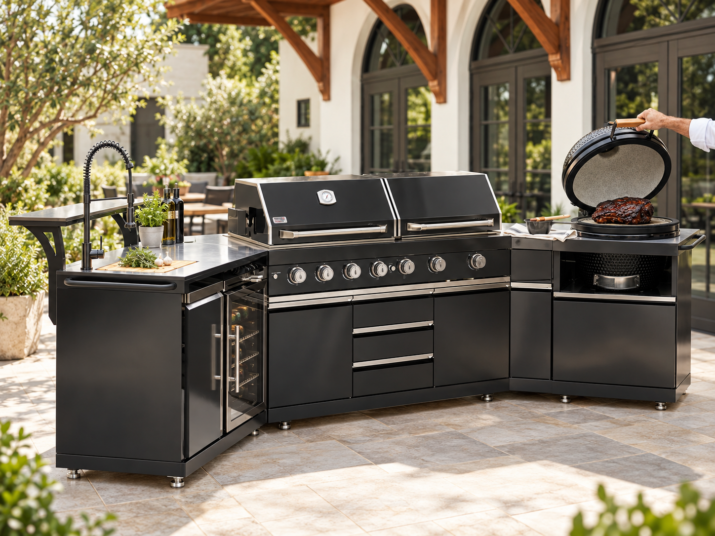 BroilChef kitchen in a sunlit architectural courtyard